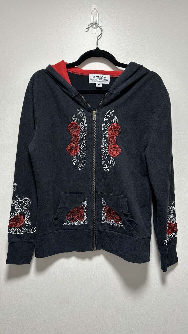 Back In The Saddle Womens Rose Embroidered Zip Up Hoodie Black Western Medium